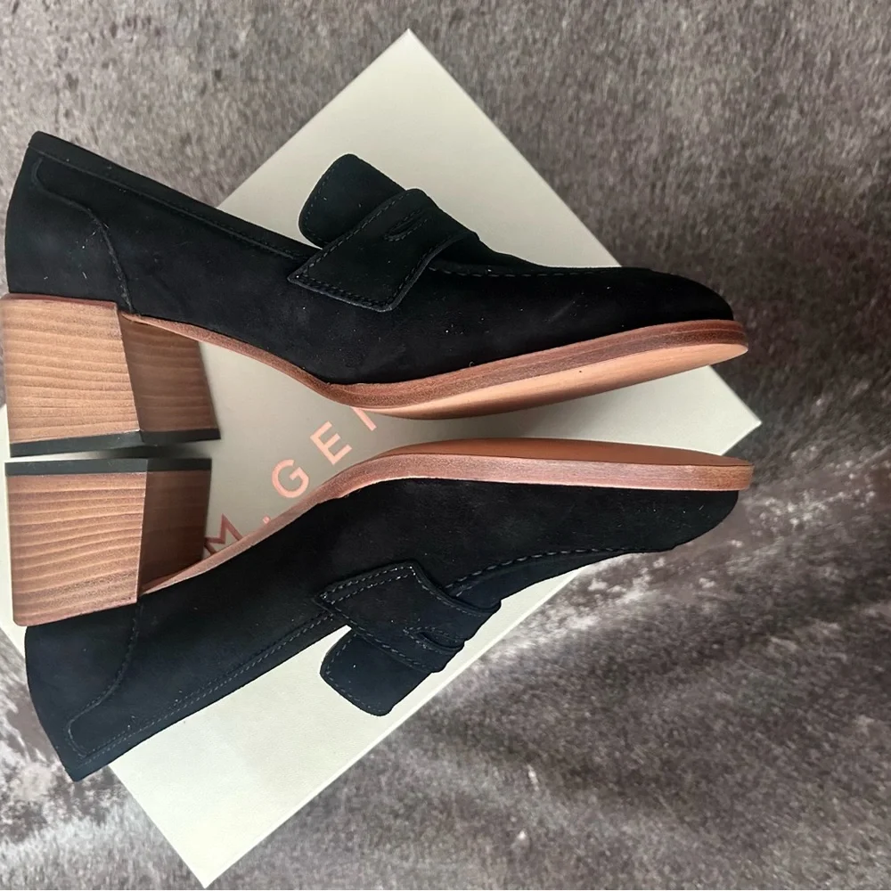 M. Gemi Adelaide Black Suede Block Heel Loafers with Wood Heel - 39.5 new